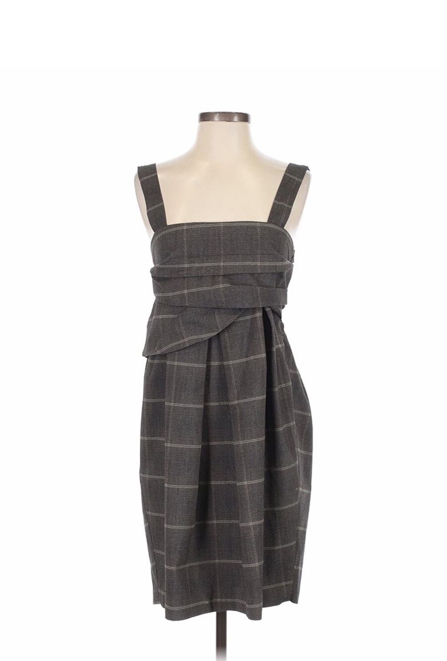 To The Max Gray Windowpane Plaid Midi Dress Square Neck Pleated Wide Strap Sz XS